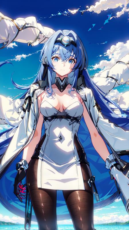 1girl, breasts, long hair, solo, gloves, very long hair, bodystocking, upper body, white gloves, blue hair, coat, headgear, dress, coat on shoulders, pantyhose, high heels, white dress, bangs, standing, blue eyes, smile, white coat, elbow gloves, covered navel, open coat, hair between eyes,<lora:NewJerseyV1-000006:0.8>, ussnewjersey, blue sky, sky background, clouds, water, <lora:NormalStyle:0.6>