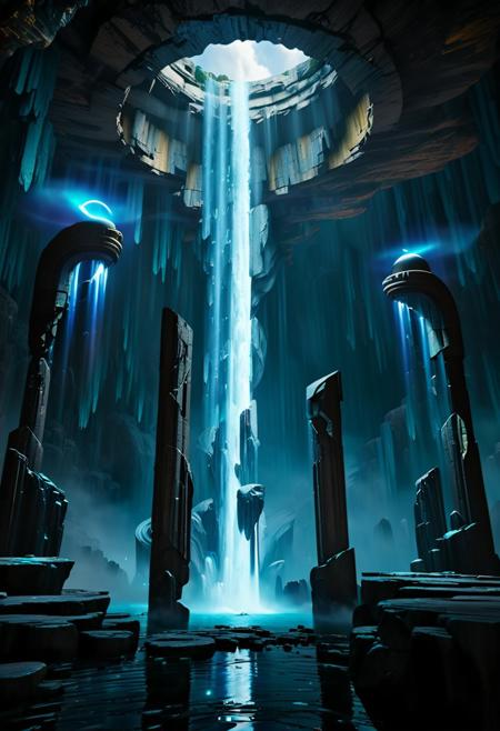 ((Photorealistic)). (Artistic perspective) 3 cloaked figures stand on a floating portal, irregular stone rings suspended above a futuristic city. (((the hovering rings in the sky are gushing waterfalls))), rich vibrant colors,  liquid, unreal parts, alluring, fluid, perfection, two moons in the night sky, one is translucent. Intricate background, maximum detail, 4K, hyperrealistic, luminous neon highlights, ((Masterpiece)), (cinematic composition), resplendent lighting