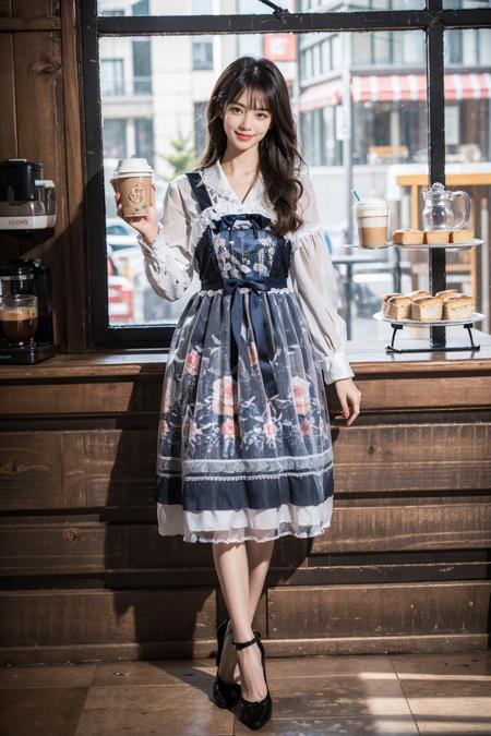 best quality, masterpiece, photorealistic, 1girl, solo, full body, standing, long black straight hair, blunt bangs, looking at viewer, smile, cyb dress, high heels, holding coffee, in cafe, indoors, shop, window, detailed background, <lora:beautiful_dress_collection_vol1_style1:0.7>