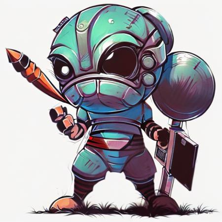 evang, alien with a weapon cute Play gladiator, CHARACTER, CARTOON, DOLLS, MIDJOURNEY CUTE, DIGITAL ART, LITTLE, TINY, BABIES, BABY, masterpiece, Artgerm, greg rutkowski