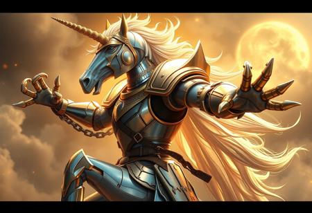 Generate a high-resolution, cinematic image of a Unicorn Knight in a fighting pose, inspired by the styles of Manjit Bawa and Go Nagai. Incorporate the following elements: golden aura, iron claws, and glass arms. Ensure the image adheres to the golden ratio and has a lifelike, detailed quality. The image should be in the style of a 2D concept art piece, created using Octane Render and Unreal Engine. Add the text 'Roborock' and 'Lokah Samastah Sukhino Bhavantu' to the image, and incorporate a subtle cowgirl high-fashion element. Aim for an elegant and refined aesthetic.cheerful demeanor.