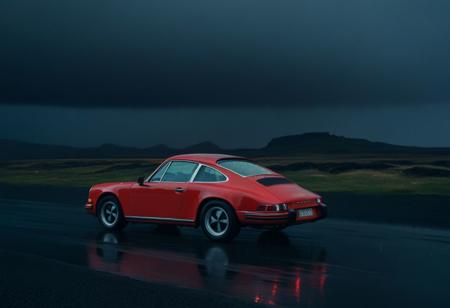 cinematic photo of the a classic Porsche 911 in Iceland, Dark ambiance, at night, downpour, thunderstorm, heavy rain.