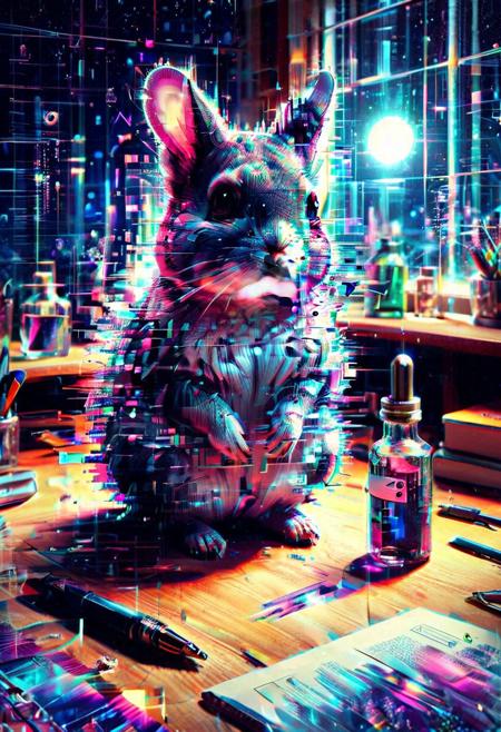 Flickering Worlds, vibrant colors, vivid colors, chinchilla with large eyes made out of glitch style, sitting on a desk next to a bottle of ink, crystals, moonlight drifting in from the open window, dramatic, glitch, Masterpiece, best quality, amazing quality, volumetric lighting, SFW, exquisite detail, digital, digital art, highly detailed, beautiful, surreal,