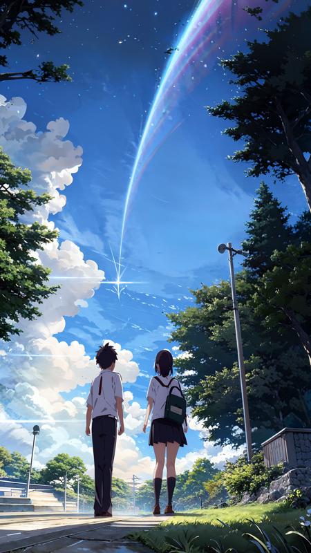 masterpiece,best quality,miyamizu mitsuha, 1girl, 1boy, sky, school uniform, outdoors, ribbon, cloud, skirt, diffraction spikes, hair ribbon, grass, black hair, road, bag, socks, short hair, short sleeves, shirt, red ribbon, white shirt, star (sky), necktie, tree, scenery, building, shoes, black skirt, standing, from behind, kneehighs, pleated skirt, brown hair, ground vehicle, pants, shooting star, school bag