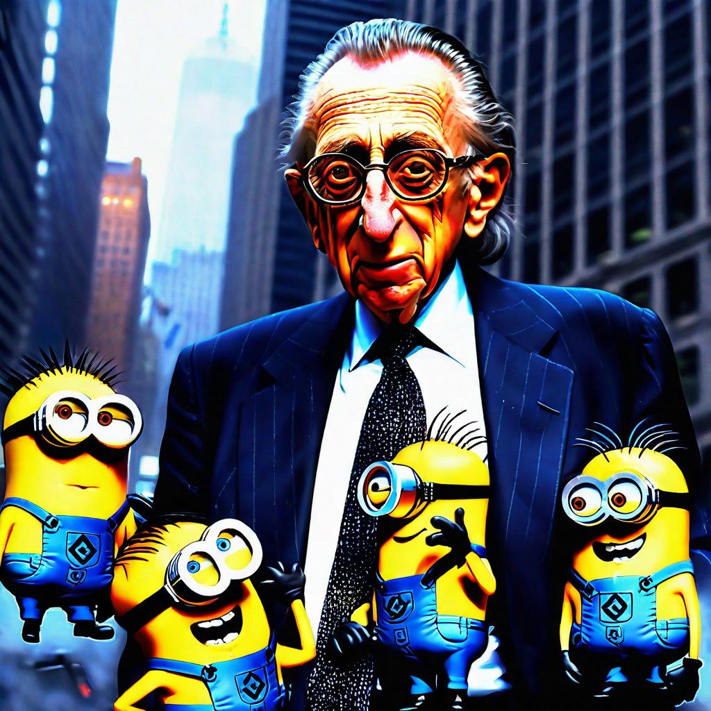 Larry Silverstein with minions while the World Trade Center is on fire and smoking