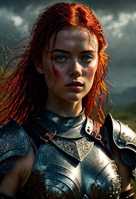 Ultra detailed digital art masterpiece beautiful Sadie Sink as Warrior girl dressed in a iron Armor and red mini skirt, Standing on a battlefield at the head of an army of knights, where a bloody slaughter is taking place, standing in battle pose, a dark epic fantasy, perfect lighting, beautiful Warrior girl, attractive woman, elegant, beautiful woman of athletic body, epic shot of the whole Warrior girl, unreal engine 5 nanite quality, dark fantasy, dark environment, very stormy day, LOTR style, dark washed out eyeliner, no make up, natural bloody pale face, realistic brown eyes, ultra detailed atmospheric details, beautiful glowing effects, sparkle effects, realistic body proportions, beautiful face proportions, complex masterpiece, wavy red hair, creative glowing detailed tattoos, complex physics, enhanced colors, complimentary colors, ultra detailed raytracing reflections, Ultra detailed complex background, environment feels alive, direct eye contact, dramatic lighting, wet and sweaty skin, beautiful firm Breasts, Daylight, Concept art by Greg Rutkowski, adding to the intense and dynamic atmosphere of the scene.