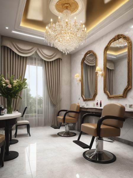<lora:JJsHairSalon_XL:1>, ((Hair Salon)) , ((best quality)),((masterpiece)),((realistic)), indoors, mirror, reflection, chair, table, photorealistic, authentic, indoor scenery,  highly detailed, stainless, gold, ceiling light, white wall, cup,curtains, glass,,bouquet,tiles,lamp,tile floor,vase,candlestand,chandelier