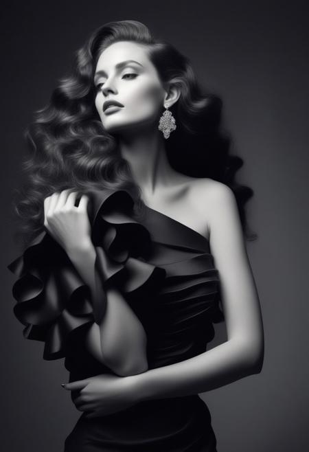 Avant-garde Fashion page, A black and white photograph of a beautiful woman with long, wavy hair standing in profile. She is posing with her arms crossed over her chest, and she is wearing prominent, stylish earrings. The image has a high contrast with soft lighting that casts gentle shadows, highlighting her form and features. The background is plain and unobtrusive, focusing attention entirely on the subject. The mood of the image is elegant and artistic