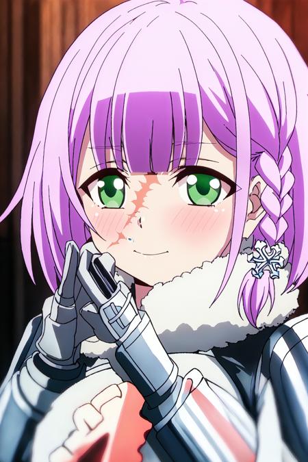 leo, 1girl, purple hair, short hair, green eyes, blush, bangs, looking at viewer, armor, braid, gauntlets,  scar, hair ornament, looking at viewer, side braid, double v hand sign
high quality, best quality, ultra detailed, masterpiece, big breast, detailed hands, <lora:EMS-52531-EMS:0.800000>