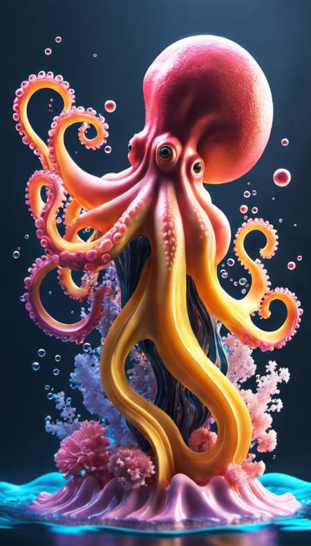 professional 3d model A octopus surrounded by colorful liquid waves under water, flower, bubbles, layered style, curved style, liquid cloud, dark background. octane render, highly detailed, volumetric, dramatic lighting, 8k, 4k