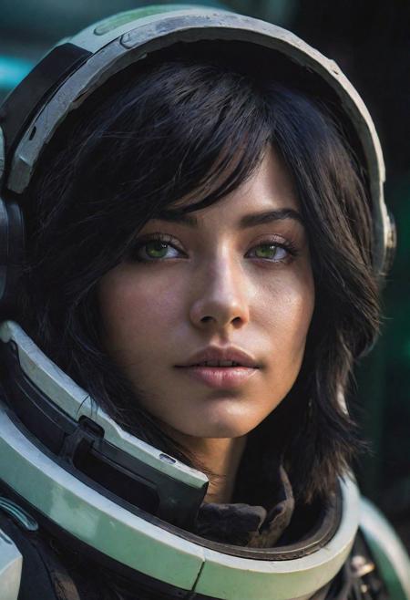 photo of a black hair woman, in space, futuristic space suit, (freckles:0.8) cute face, sci-fi, dystopian, detailed eyes, green eyes, 16k