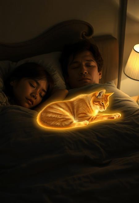 A cozy, dimly lit bedroom at night, illuminated by the soft glow of a bedside lamp. An Asian woman with delicate features and long, dark hair sleeps soundly, her head resting on a plush pillow. Beside her, a Caucasian man with short, tousled hair lies peacefully, his arm draped protectively over her. Between them, curled up on the bed, is the glowing spirit of a golden-orange tabby cat with medium-length fur. Its translucent form radiates a soft, golden light that gently reflects off the smooth cotton sheets. The cat’s fur shimmers subtly, revealing the classic tabby stripes even in its spectral state. The serene atmosphere is filled with warmth and tranquility, as the spirit of the beloved cat watches over its owners, offering comfort and an unbreakable bond that transcends life and death.