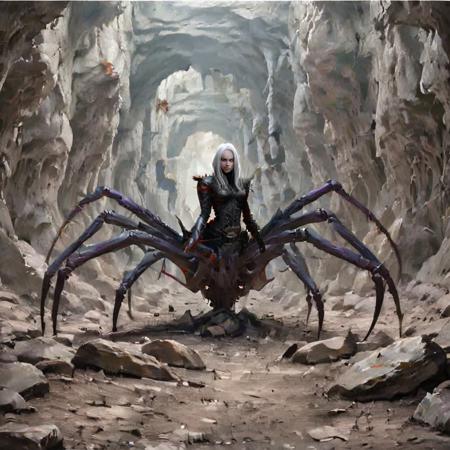 
drider, 1girl, solo, no humans, spider legs, arthropod limbs, multiple legs, long hair,  pauldrons, spkes, white hair, armor,