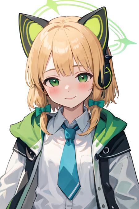 best quality, masterpiece, highres, solo, {midori_bluearchive:1.15}, headphones, animal_ears, blonde_hair, fake_animal_ears, animal_ear_headphones, green_eyes, cat_ear_headphones, bow, halo, bangs, blush, hair_bow, short_hair, 1girl, jacket, looking_at_viewer, necktie, school_uniform, simple_background, white_background, portrait, ribbon, smile