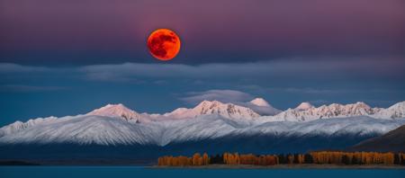 A breathtaking shot of a large full red moon rising behind the mountains at lake tekapo in autumn in new zealand, captured in a macro shot in a dark full of mysterious clouds, incorporating elements that embody the spirit of optimism and possibility infusing a sense of hope; settings: f/10 aperture, 30 sec shutter speed, ISO 200, using a full frame camera with a telephoto lens, from a low angle with the warm tones of the golden hour.