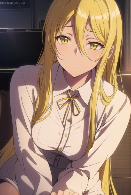 shizukamarikawa, <lora:shizukamarikawatest:1>,
shizuka marikawa, long hair, blonde hair, very long hair, low-tied long hair, (yellow eyes:1.5), hair between eyes,
BREAK skirt, shirt, long sleeves, ribbon, white shirt,
BREAK looking at viewer,
BREAK indoors, classroom,
BREAK <lora:GoodHands-vanilla:1>, (masterpiece:1.2), best quality, high resolution, unity 8k wallpaper, (illustration:0.8), (beautiful detailed eyes:1.6), extremely detailed face, perfect lighting, extremely detailed CG, (perfect hands, perfect anatomy),