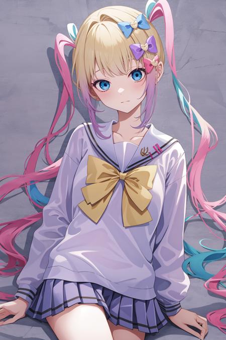 <lora:è¶å¤©:0.8:lbw=char>,chaotian,multicolored hair,pink hair,blue hair,bow,quad tails,hair bow,long hair,blue eyes,bangs,school uniform,sailor collar,serafuku,blonde hair,twintails,long sleeves,blue bow,shirt,purple bow,, 1girl,
,  (masterpiece,best quality:1.2),absurdres