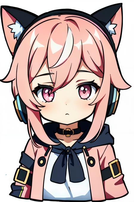 genshin chibi emote, 1 girl, high detail, picture, looking at viewer, facing viewer, pink hair, pink jacket, pink eyes, cat ears, headphones around neck, headshot, white background,chibi<lora:genshin_chibi_emote:0.8>