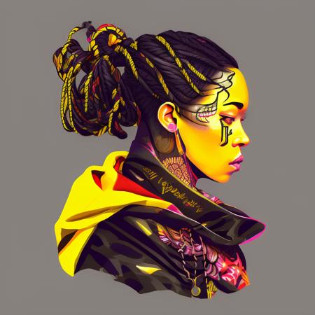 a large and complex digital painting of a woman with braids and a yellow jacket on her head and a black background with a yellow and red design, art by flonixsdviewv3