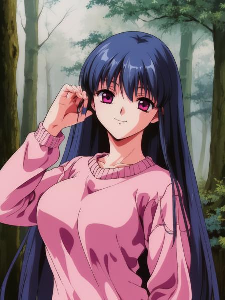 Sonya, 1girl, soro, long hair, large breasts, blue hair,  bangs, red eyes, purple eyes.