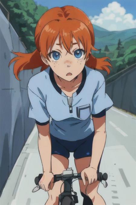 blue eyes, orange hair, 1girl, freckles, Miharu_Imai, MiharuImai, biking