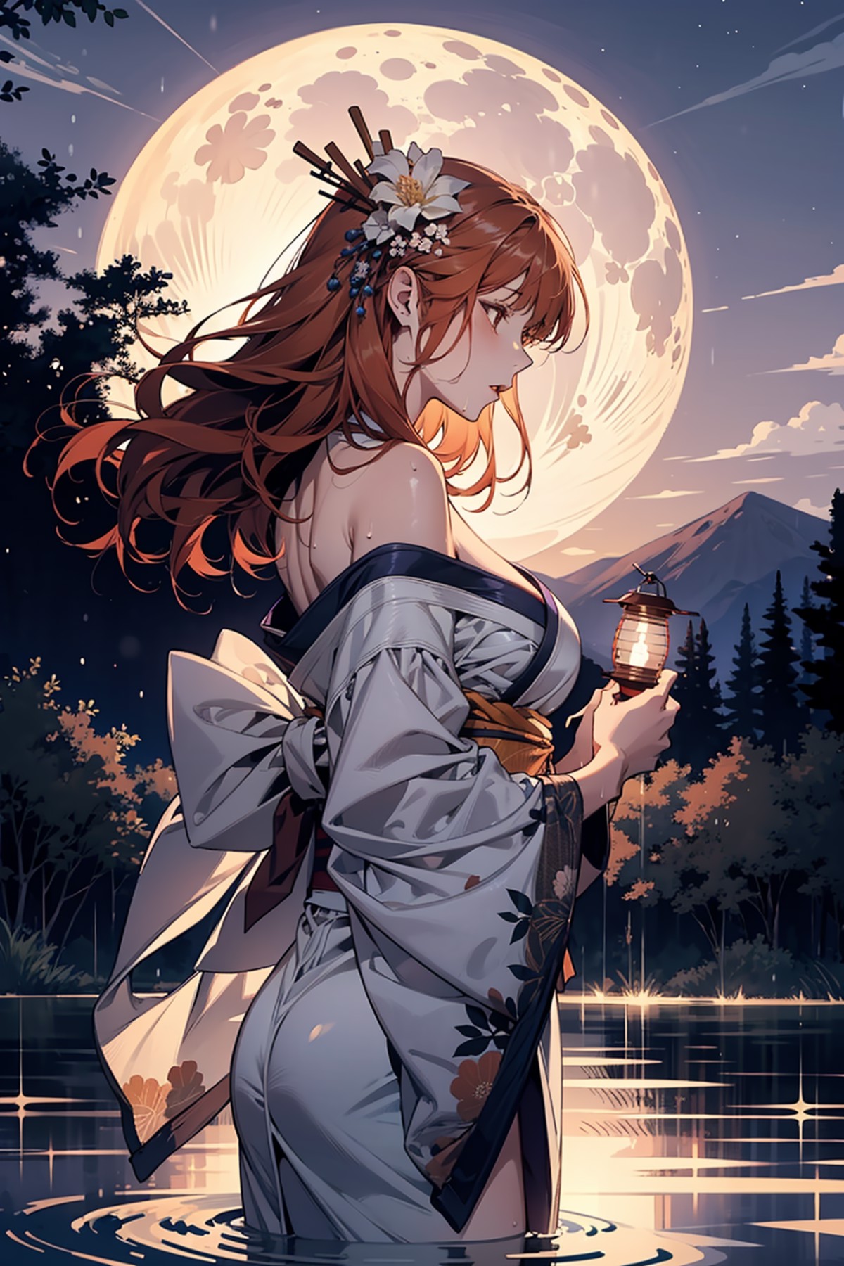 1girl, breasts, moon, lantern, night, solo, large breasts, hair ornament, wet, kimono, japanese clothes, wading, water, ha...