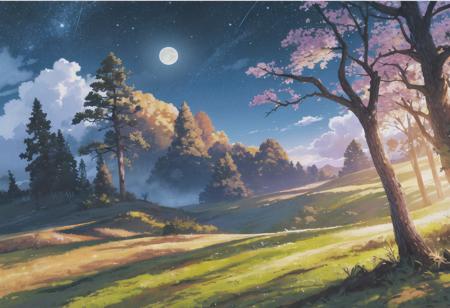 panorama,landscape,(((high quality))),highly_detailed,extremely_detailed_CG_unity_8k_wallpaper,illustration,highres,absurdres,High saturation,antlers, bare_tree, branch, cherry_blossoms, fantasy, fence, forest, in_tree, lake, landscape, letterboxed, moon, mountain, mountainous_horizon, nature, night, night_sky, no_humans, outdoors, pine_tree, scenery, shooting_star, sky, snow, star_\(sky\), starry_sky, sunset, torn_clothes, tree, wintern <lora:Ghibli_v4:1>