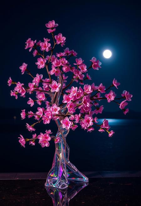 Glass cherry blossom tree, made of glass, completely transparent, reflective iridescent surface, glass art, colorful, translucent, night, A huge lake reflecting the moonlight, Cherry blossoms glow faintly, 
best quality, sharp focus, high contrast, colorful, ultra quality, 8k, best quality,