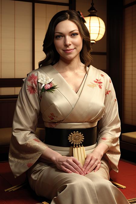Highly detailed Laura Prepon in a (highly detailed japanese Geisha Attire), cinematic lighting, detailed fancy house, <lora:laura prepon v1.35:1>, highly detailed eyes, <lora:breastsizeslideroffset:1.0>, grinning, holding a feather duster