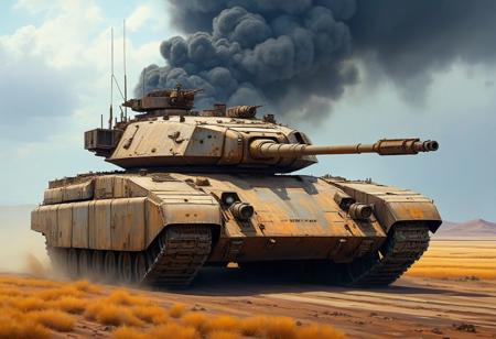 ((oil painting)), M26, big tank, wasteland tank covered in rust, a heavy anti-aircraft machine gun on a massive turret, side view, retro-futuristic big tank, in deserted field, ((socialist realism)), wasteland desert, falloutlandsdxl, landscape, best quality, masterpiece, ruined city, nuclear explosion, black clouds of smoke,