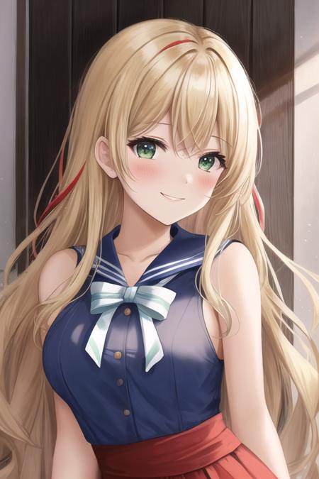 solo, woman, {looking at viewer|looking away|looking to the side} dark hair {blonde streaks|red streaks|blue Streaks}, wearing, {black|red|green|blue} sailor dress, cute face, smirk, {small breasts|medium breasts|large breasts}