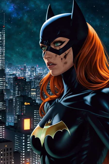 masterpiece, best quality, 1girl, batgirl, cowboy shot, realistic, (bruise), green eyes, mask,  revealing clothes, sexy, orange hair, lips, long hair, floating hair, solo, dark, city background, night  sky, neon city light <lora:Batgirl:1> <lora:epiNoiseoffset_v2:1>