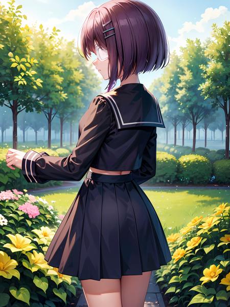 (exceptional, best aesthetic, new, newest, best quality, masterpiece, extremely detailed), 1girl, solo, shindouchihiro, eyepatch, from_behind, looking_back, serafuku, blue_skirt, pleated_skirt, garden