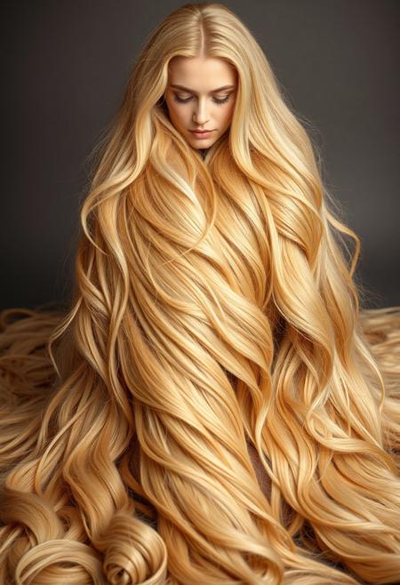 buried in a mound of luxuriant incredible thick abundant voluminous lush sensuous extremely long pale golden blonde hair wrapped around the body. extremely long hair, 100-feet of hair, super long hair, real rapunzel, rapunzel, rapunzel long hair, hair fetish, hair job, Dreamgirl, Goddess, gorgeous, amazing hair, longest hair, perfect hair, longest hair ever, hairstyles, hairstyling, hair, Debra Jo hair, extreme hair, extreme long hair, extremely long hair, Debra Jo, extreme longest hair, voluminous hair, thick and luxurious hair which is hangs to the floor and covers it. Her expression radiates confidence as she shows off her thick, luscious locks. super thick soft luxurious long lush sleek heavy voluminous cascading pendulous ultra silky pendulous shampoo commercial hair dragging the ground, around her on floor, hair piles behind her on floor