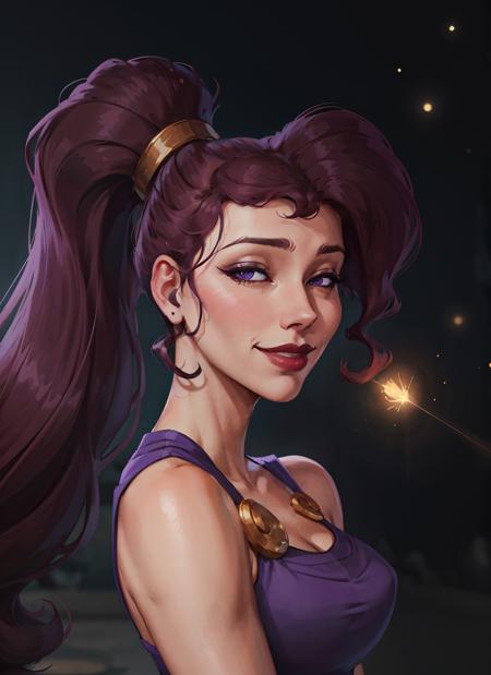 1girl, face portrait of megara, evil smile, half-closed eyes, high ponytail, long hair, bare shoulders, long purple dress, night, particles, spoken heart, torch, looking at viewer, volumetric lighting, best quality, masterpiece, retro artstyle,  <lora:sxz-megara-allnew:0.8>