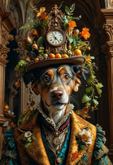 A portrait of Goofy, capturing gothic and baroque elements in an ultradetailed composition, inspired by the works of Ellen Jewett, Josan Gonzalez, and Giuseppe Arcimboldo. The photograph utilizes volumetric lighting and HDR techniques, evoking a sense of depth and dimension.