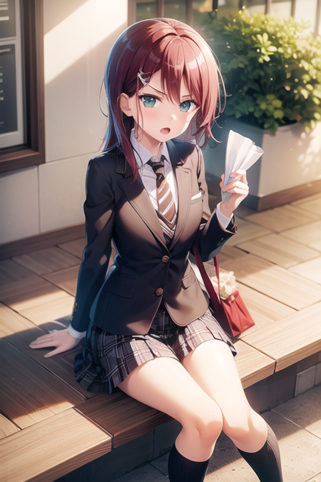 <lora:TomoeUdagawa-03:0.7>, tomouda, 1girl, solo, long hair, looking at viewer, blush, open mouth, skirt, shirt, long sleeves, holding, hair between eyes, sitting, school uniform, green eyes, jacket, white shirt, red hair, pleated skirt, necktie, socks, striped, collared shirt, miniskirt, black skirt, bag, :o, v-shaped eyebrows, plaid, kneehighs, plaid skirt, blazer, black socks, holding bag, striped necktie, shopping bag, plastic bag