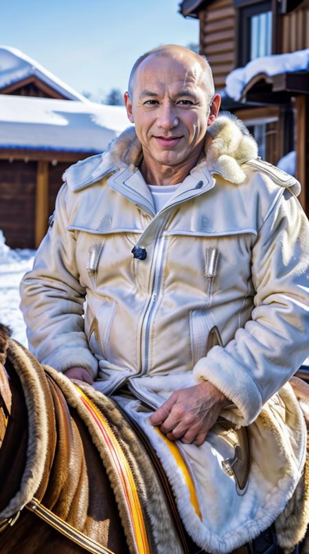 k0nstant1n_n0texist , a close up photo of a smiling middle aged russian man, (uniform), fur trimmed coat, riding a (horse:1) in the (snow:1), colorful, dynamic, up close,  <lora:hd_helper_v1:1>,  (happy512:0.5)