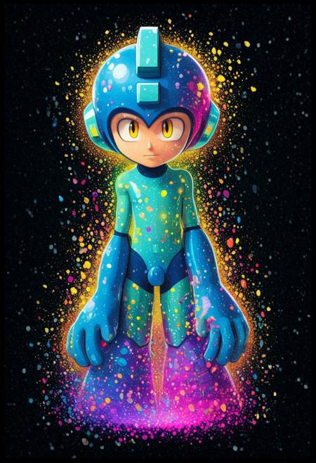 Megaman, proud face, dynamic pose, in the style of golden glitched rainbow. Snow is falling as holographic colored baroque geometric patterns float around the canvas in the style of colorful digital art. The image has a cyberpunk aesthetic with a glitchy distortion and psychedelic color palette. Black background, neon lights, glitch art, surrealism, high contrast, vibrant colors, psychedelic patterns, ethereal glow. The overall mood should be one of spiritual contemplation and otherworldly beauty. It's like something in the style of science fiction.Rockmegamen, Cartoony, cartoony, By Ardidon
