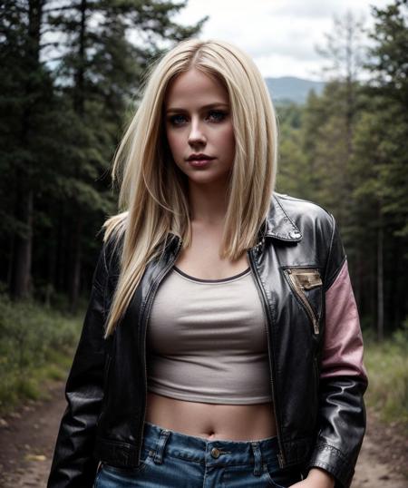 beautiful detailed face, highly detailed skin, detailed hazel eyes, blonde blunt cut hair, avrlvgne, 1girl, black leather jacket, pink tanktop, denim pants, (curvy), standing, clouds, in the wilderness, shadow play, natural lighting, ((dark scene)), ((very dim)), (candid), perfect composition, pixel perfect, 8k, UHD <lora:more_details:0.7> <lora:Avril_Lavigne_v2:0.9:lbw=1,0,0,0,0,0,0,0.2,0.4,1,1,0.4,0.2,0,0,0,0>