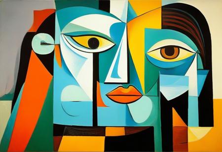 masterpiece, best quality, illustration, style of Pablo Picasso, cubist, complementary colors, abstract landscape,