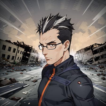 masterpiece,high quality,solo,outdoors,a devastated town,collapsed buildings,rubble,
<lora:Ojisan001:0.7>,looking at viewer,
Ojisan,1oldman,
streaked hair,hair slicked back,short hair,spiked hair,two-tone hair,multicolored hair,black hair,white hair,brown eyes,
glasses,
black bodysuit,shoulder armor,