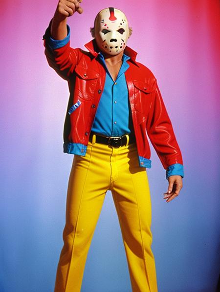 medium full shot, pt3jasonvoorhees-2250, at a roller disco, wearing 1970s leisure suit, disco ball, photorealistic, masterpiece