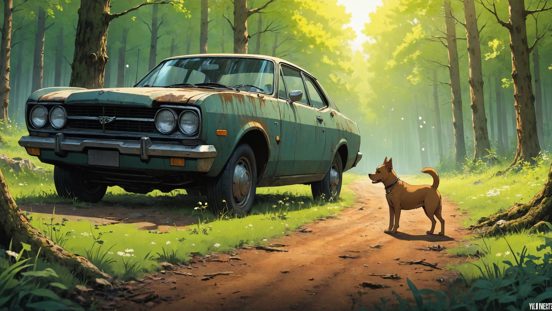 A rusty blue car parked near a dirt road with a brown dog standing in front of it.
