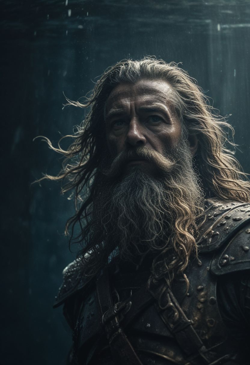 Poseidon, long hair, long beard, iron armour, underwater (dark mood masterpiece Photography by Mario Giacomelli:1.2),high quality, 8K Ultra HD, full depth of field and realistic textures, colorful, atmospheric haze, Film grain, cinematic film still, highly detailed, high budget, cinemascope, moody, epic, Overall Detail, 2000s vintage RAW photo, photorealistic, candid camera, color graded cinematic, atmospheric lighting, imperfections, natural