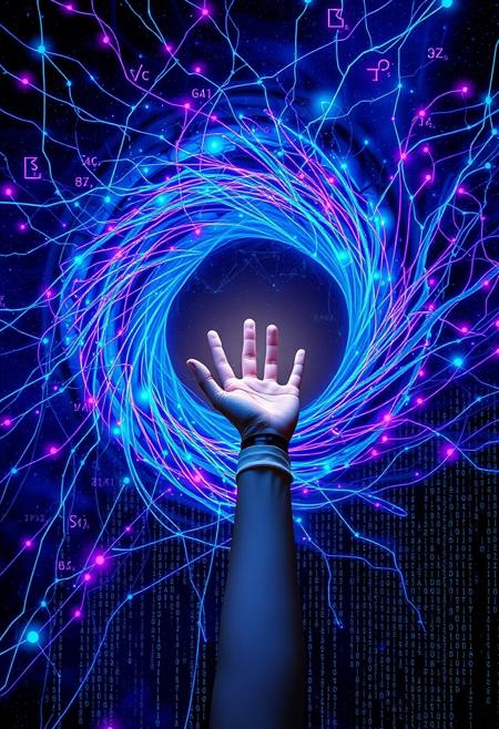 A vibrant, swirling vortex of interconnected neurons forms the central focus, pulsing with electric blues, vivid purples, and glowing greens. These neural pathways morph seamlessly into streams of binary code and floating mathematical equations.
Emerging from this neural network is A robotic hand reaches towards a human hand, reminiscent of Michelangelo's "Creation of Adam," symbolizing the intersection of artificial and human intelligence.
The background shifts between a cosmic starfield and a matrix-like digital rain, blending the vast potential of space with the infinite possibilities of the digital realm.
This image aims to capture the wonder, complexity, and potential of AI, appealing to those interested in its technical aspects, philosophical implications, and creative applications.