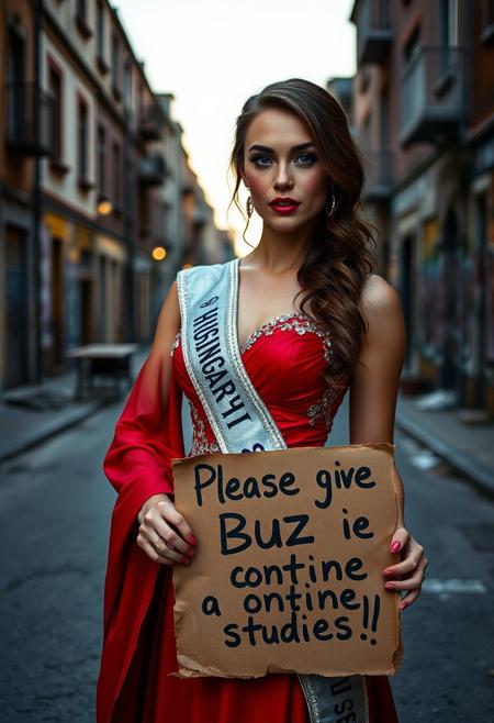 A strikingly beautiful woman, embodying elegance and charm, styled as Miss Hungary in a glamorous red evening gown with a sparkling silver sash that reads “Miss Hungary.” She is standing on a dilapidated urban street at dusk, holding a worn and slightly rotten cardboard sign with bold handwritten text: “Please give me Buzz to continue studies!” Her expression is a mix of hope and determination, her makeup impeccable but subtle, with a soft blush and bold red lips. The background is a mix of faded buildings and graffiti, adding contrast to her radiant appearance, evoking a sense of resilience amidst adversity. The lighting is soft and cinematic, casting a gentle glow on her figure.