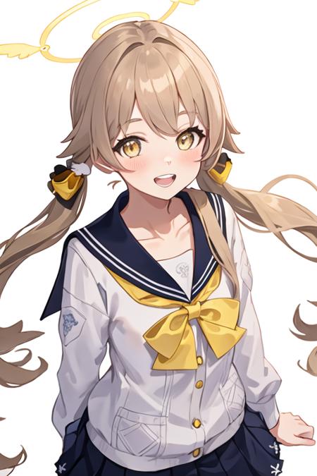 best quality, masterpiece, highres, solo, {hifumi_bluearchive:1.15}, long_hair, twintails, low_twintails, halo, yellow_eyes, light_brown_hair, blush, open_mouth, bangs, smile, collarbone, 1girl, blue_sailor_collar, hair_ornament, looking_at_viewer, portrait, sailor_collar, school_uniform, simple_background, white_background, teeth