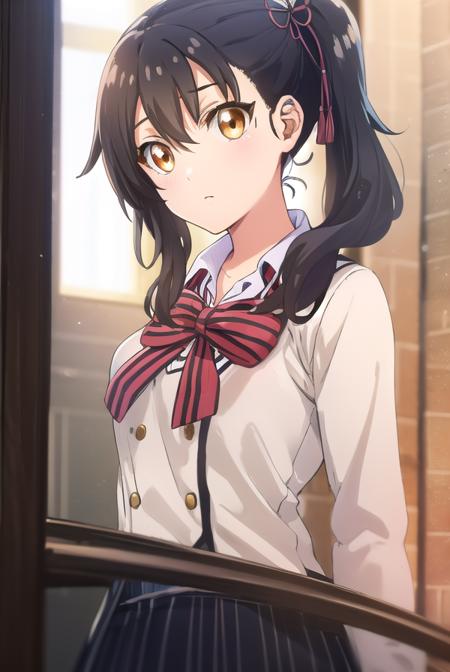 hasukikomai, <lora:hasuki komai s1-lora-nochekaiser:1>,
hasuki komai, (black hair:1.5), ribbon, (brown eyes:1.5), hair ribbon, side ponytail,
BREAK bow, school uniform, jacket, striped, bowtie, black jacket, blazer, striped bow, striped bowtie,
BREAK indoors, classroom,
BREAK looking at viewer, (cowboy shot:1.5),
BREAK <lyco:GoodHands-beta2:1>, (masterpiece:1.2), best quality, high resolution, unity 8k wallpaper, (illustration:0.8), (beautiful detailed eyes:1.6), extremely detailed face, perfect lighting, extremely detailed CG, (perfect hands, perfect anatomy),