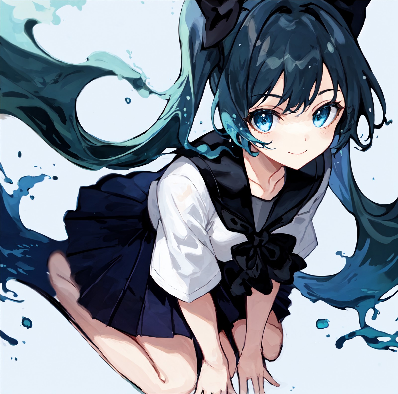 liquid hair, solo, 1girl, white background, hatsune miku, skirt, simple background, twintails, long hair, looking at viewe...